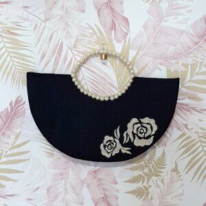 EUC Shiraleah black crescent shaped handbag w/ faux pearl handles and embroidery